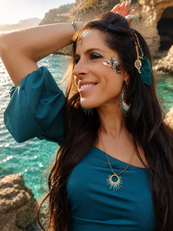 Collier à pendentif Mira Calypsa porté près du visage avec robe bleue et bijoux faits main coordonnés Collier à pendentif Mira Calypsa porté près du visage avec robe bleue et bijoux faits main coordonnés
