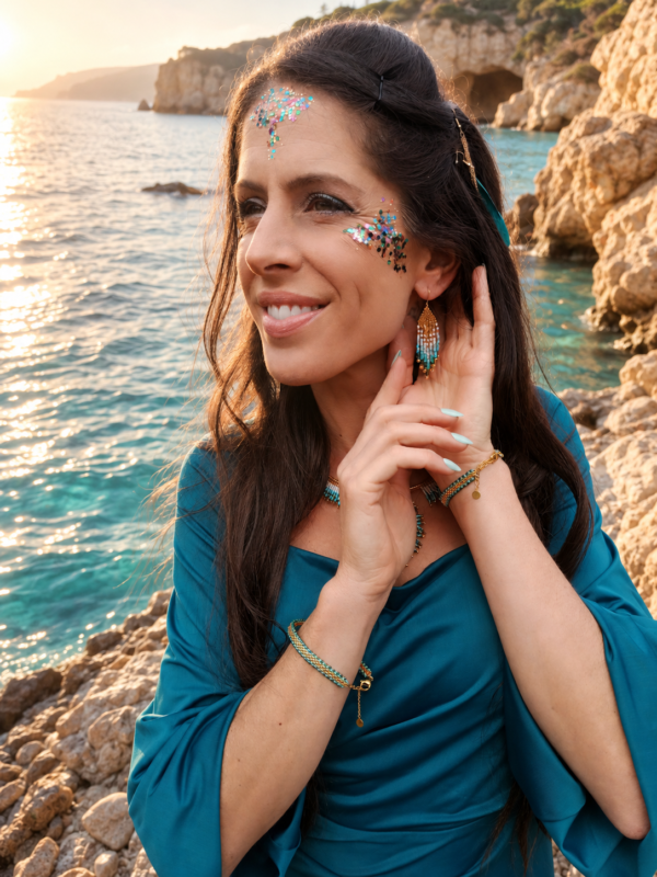 Boucles d’oreilles mini Mira Calypsa portées avec détail sur le visage dans un univers féminin et raffiné
