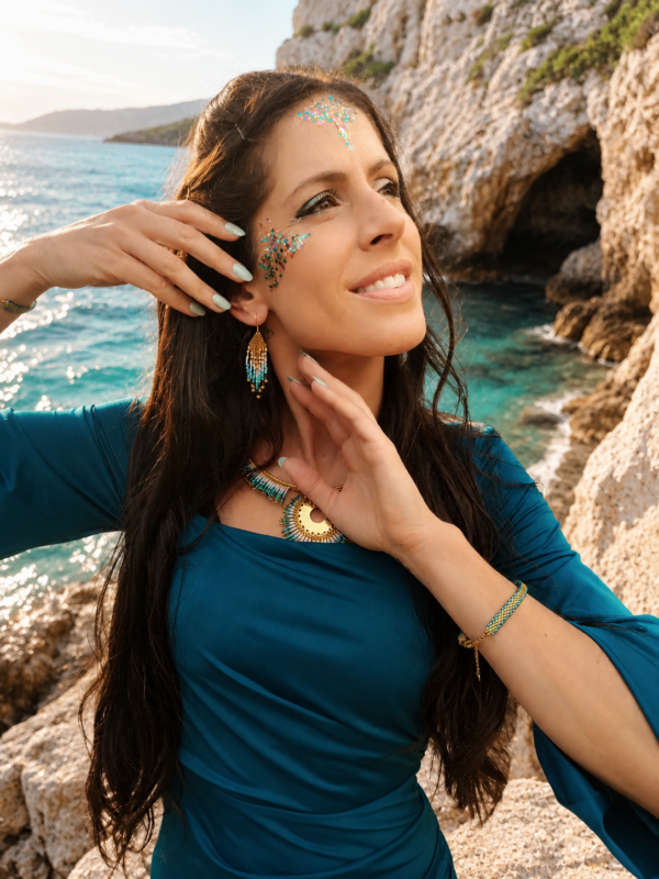 Boucles d’oreilles mini Mira Calypsa portées près du visage dans un paysage côtier doux et lumineux