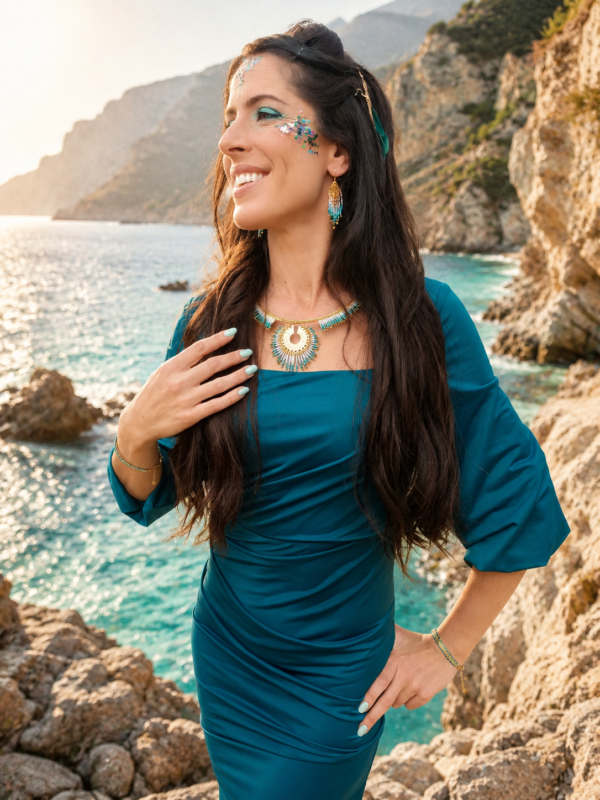 Boucles d’oreilles mini Mira Calypsa portées avec collier assorti dans un décor naturel inspiré et féminin