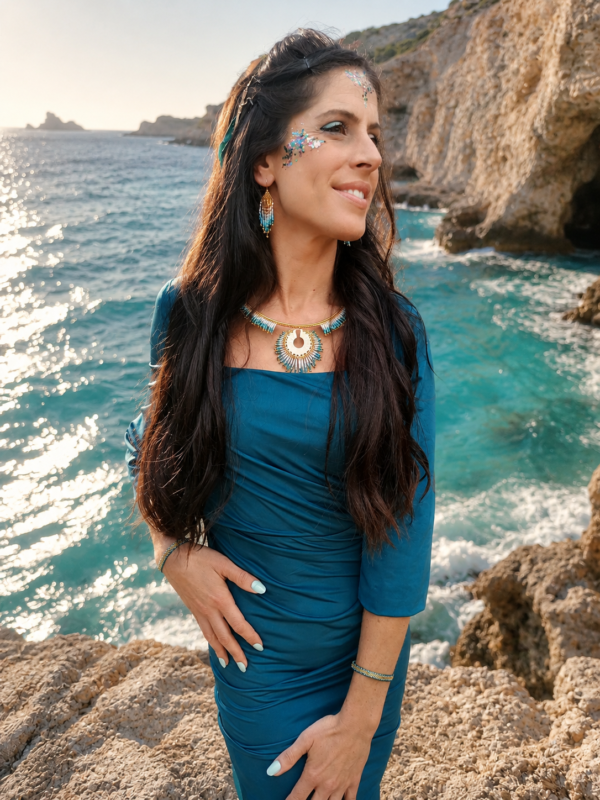 Boucles d’oreilles mini Mira Calypsa portées sur femme en robe bleue dans une crique lumineuse au style poétique et artisanal