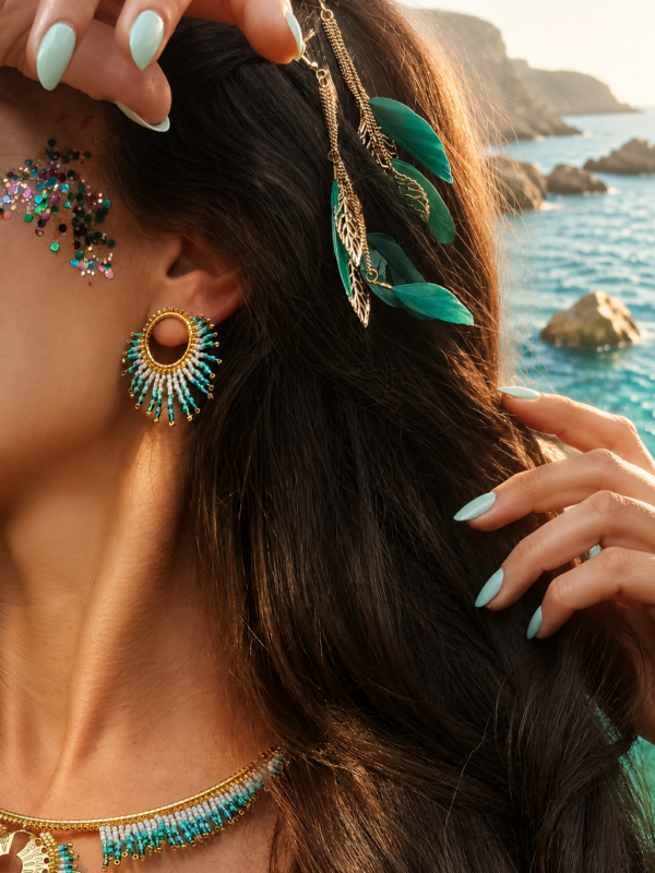 Petites boucles d’oreilles Mira Calypsa et appel du large Petites boucles d’oreilles Mira Calypsa portées avec cheveux ornés et paysage marin en arrière plan