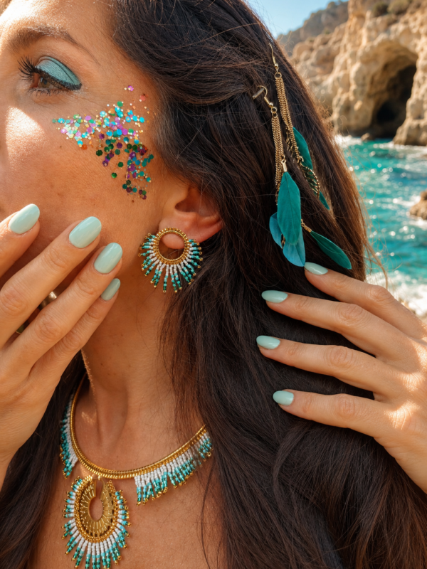 Petites boucles d’oreilles Mira Calypsa et coquillage sacré Petites boucles d’oreilles Mira Calypsa en gros plan avec perles turquoise, or clair et inspiration marine