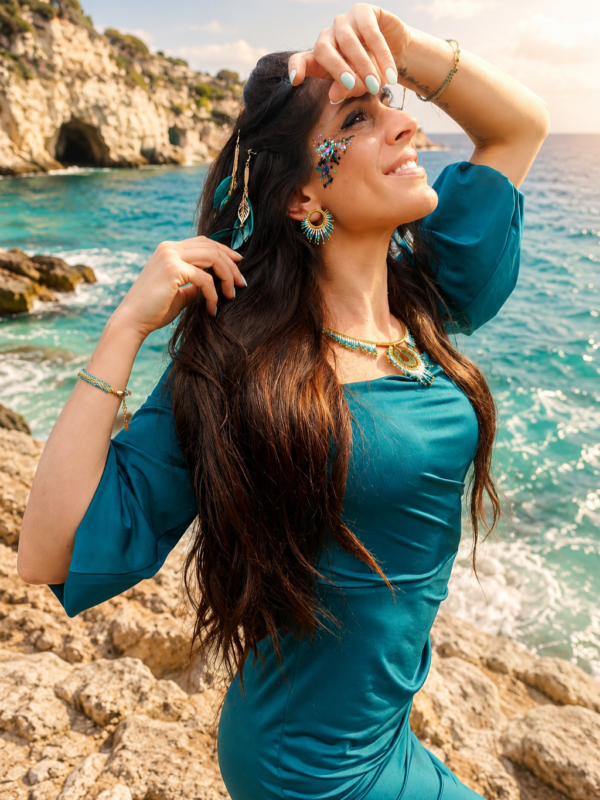 Petites boucles d’oreilles Mira Calypsa et horizon ouvert Petites boucles d’oreilles Mira Calypsa portées avec collier marin devant une crique méditerranéenne turquoise