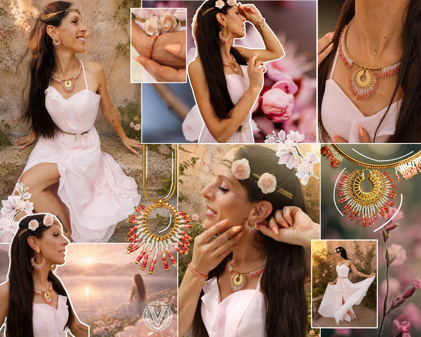 Mosaïque de bijoux de la collection Mira Aurora Valdyria, bijoux doux rosés et dorés inspirés de l’aube et du recommencement.