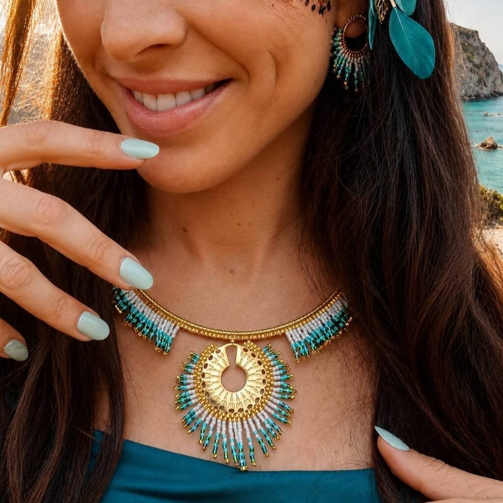 Bijou marin turquoise de la collection Mira Calypsa Valdyria, inspiré de l’océan, de la liberté marine et du voyage intérieur.