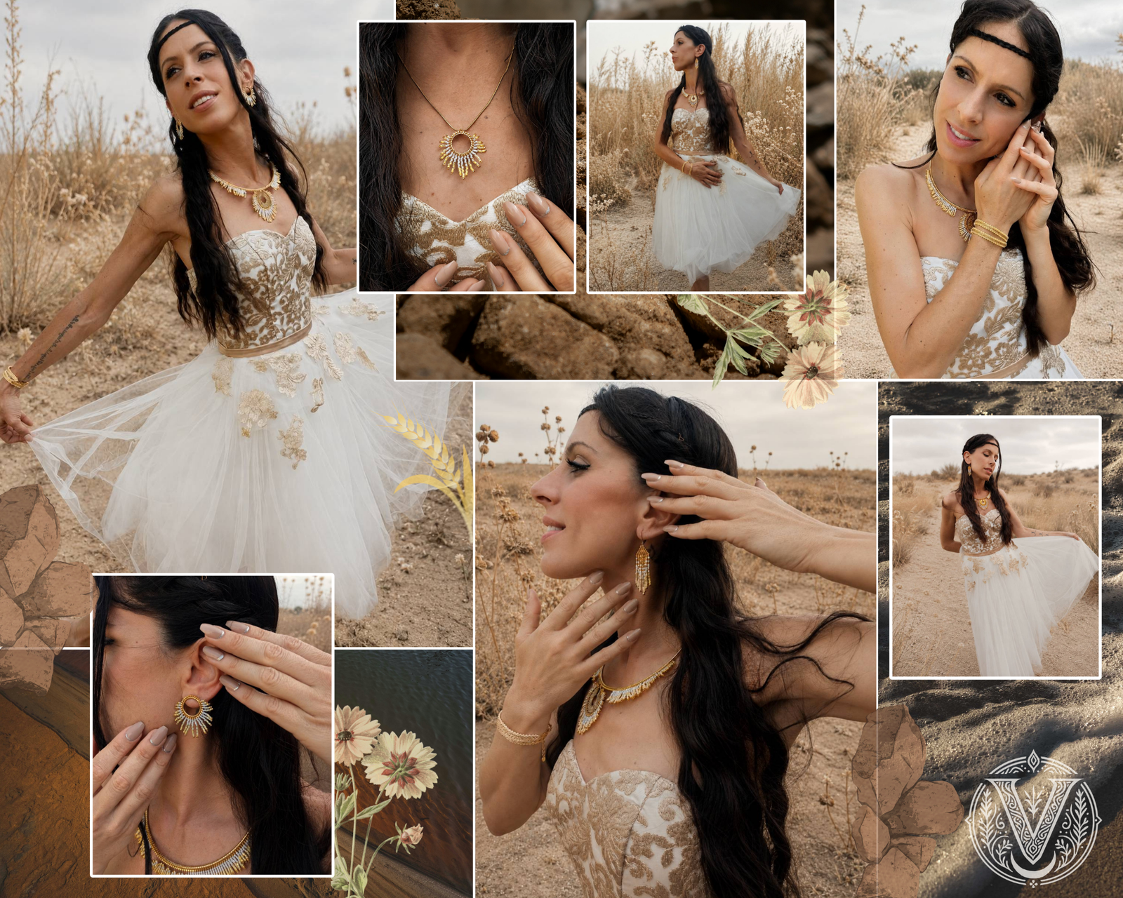 Mosaïque de bijoux de la collection Mira Helia Valdyria, bijoux ambrés inspirés de la résilience et de la transformation.