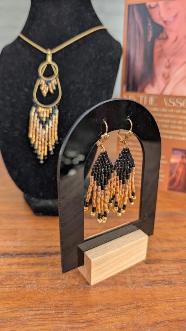 Mini boucles d’oreilles Galilya Cleo Ébène et perles Miyuki Mini boucles d’oreilles Galilya Cleo Ébène en détail sur présentoir, création française en perles Miyuki noir, cuivre et bronze
