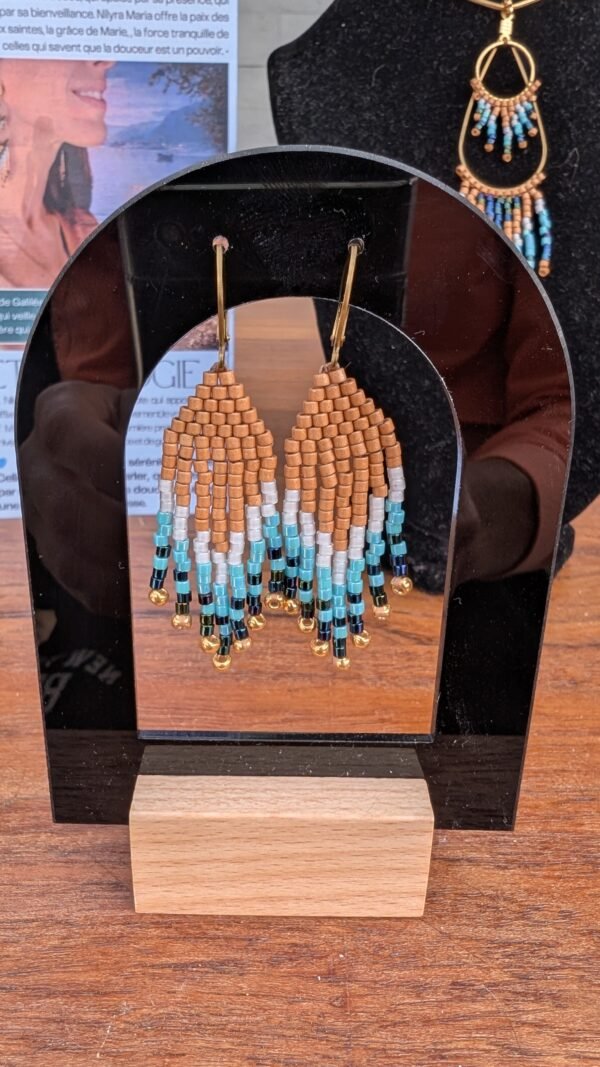 Mini boucles d’oreilles Nilyra Maria Bronze en perles Miyuki turquoise et bronze, bijou artisanal Valdyria aux inspirations anciennes
