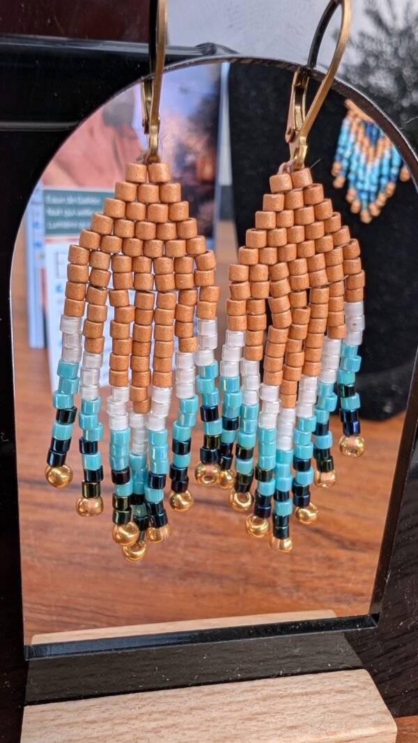 Mini boucles d’oreilles Nilyra Maria Bronze en gros plan, création française en perles Miyuki turquoise, ivoire et bronze