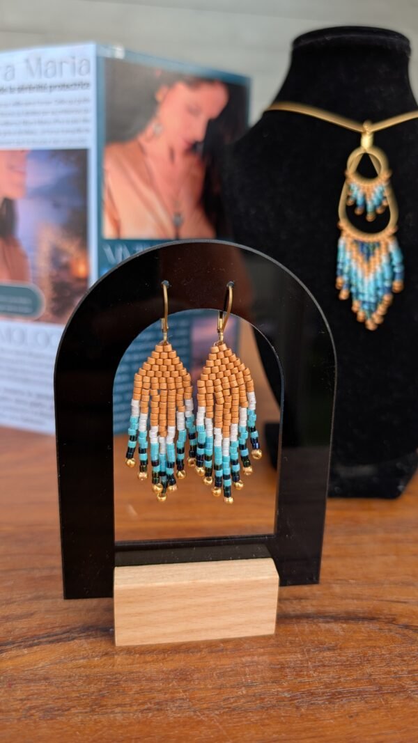 Mini boucles d’oreilles Nilyra Maria Bronze aux motifs géométriques turquoise et bronze, bijou symbolique Valdyria fait main
