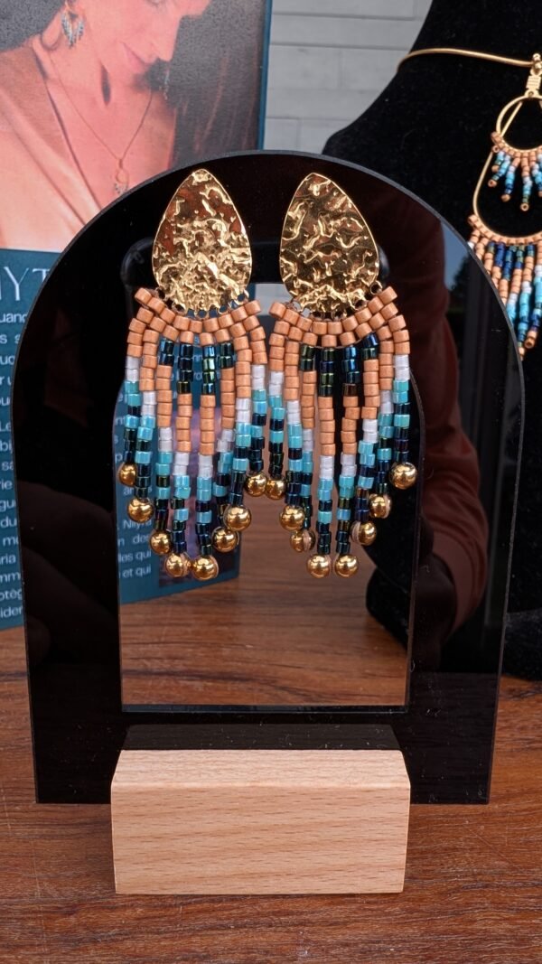 Petites boucles d’oreilles Nilyra Maria en perles Miyuki turquoise, bronze et noir, bijou artisanal Valdyria à l’élégance intemporelle