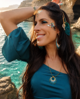 Collier à pendentif Mira Calypsa porté près du visage avec robe bleue et bijoux faits main coordonnés